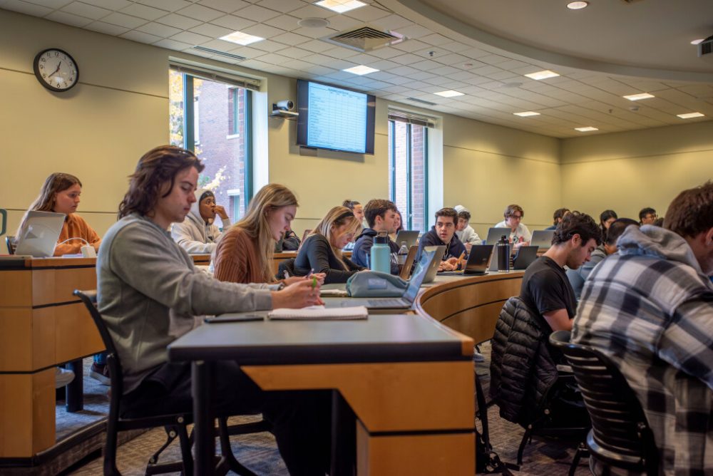 students in a School of Business classroom on UConn Storrs campus